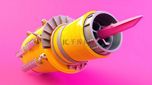 充满活力的粉色和黄色背景 3D 渲染上的火箭涡轮机件
