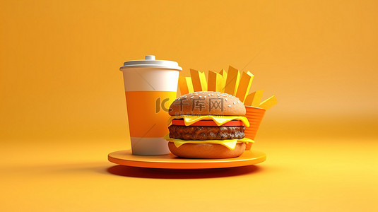 快餐菜单背景图片_黄色背景下汉堡和饮料杯的 3D 渲染