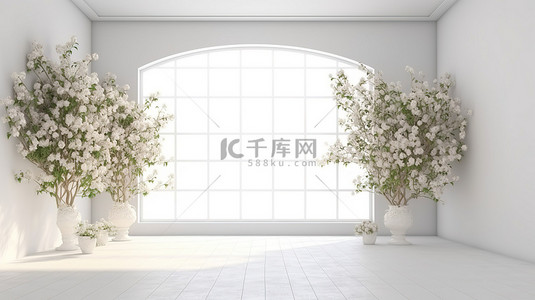 白色花背景图片_白色空房间花墙模型的 3D 渲染