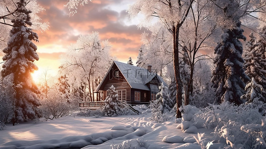 雪中森林背景图片_冬季森林中雪树景观中的舒适小屋 3D 插图