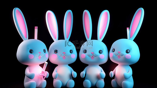 小兔子兔子背景图片_在 3D 渲染的欢呼场景中拿着荧光棒的可爱兔子