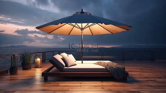 躺椅背景图片_带雨伞的木制露台躺椅的暮光海景 3D 渲染