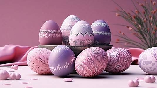 复活节彩蛋的等距 3D 插图，在粉红色的桌子上装饰着紫色油漆纹理，非常适合春季四月假期的问候