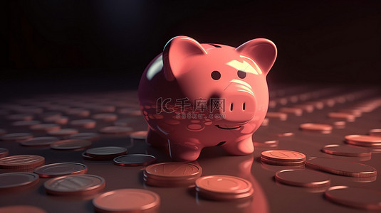 硬币背景上的 3D 渲染存钱罐象征着金钱投资和储蓄概念