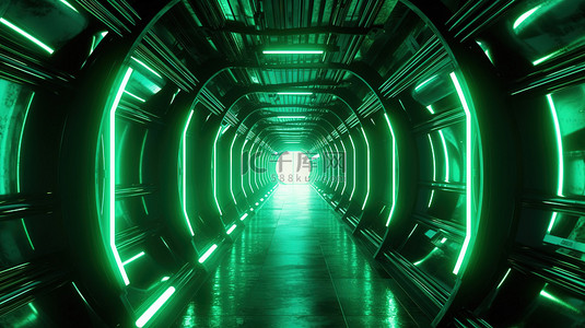 空间隧道背景图片_4k 超高清设计中生动发光的绿色空间隧道的 3D 插图