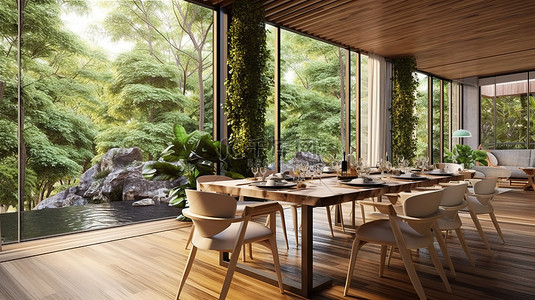 家居背景图片_大自然 3d 渲染中的现代用餐区