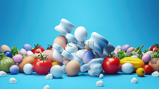 蓝色健康背景图片_充满活力的蓝色场景与沙拉牛奶鸡蛋哑铃和运动绳在彩色球 3d 渲染