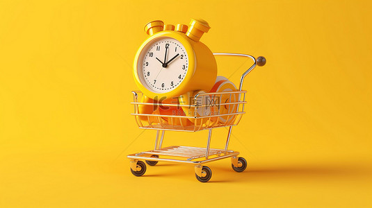 手表背景背景图片_黄色 3D 渲染背景下的复古闹钟限时购物车