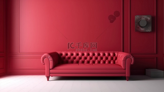单色红色房间中没有任何居住者的单个红色沙发的等距渲染