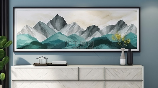 当代 3D 景观墙艺术，以绿松石灰色和蓝色山脉与大理石树为特色