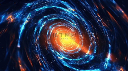 靠近具有蓝色和橙色恒星的双星系统的蓝色能量漩涡的 3D 渲染