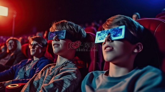 在看背景图片_一对戴着 3D 眼镜的朋友从正面看，在现代电影院大厅里享用爆米花和一部搞笑电影