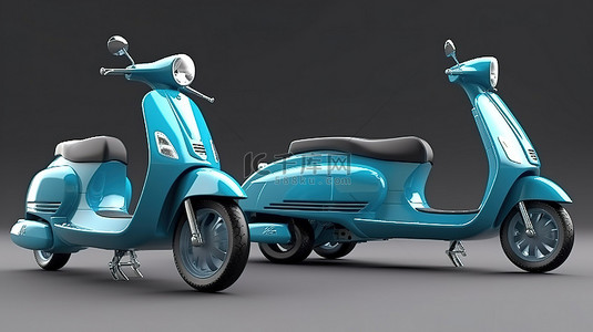 三轮摩托车和汽车的蓝色运输三重奏 3d 从侧面渲染
