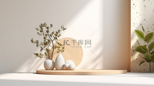 水磨石背景图片_光滑的白色水磨石展台，上面有茂盛的植物和阳光注入的阴影 3D 渲染的优质照片