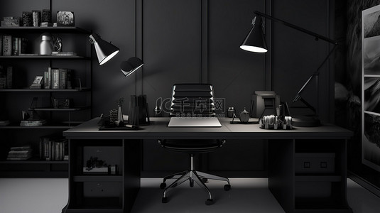 现代黑暗办公室的 3D 渲染，办公桌上有充足的复制空间，非常适合工作空间