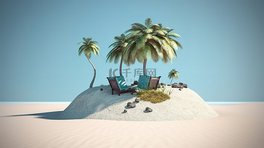 田园诗般的岛屿逃生 3D 渲染一个僻静的天堂，配有沙滩椅伞球沙滩海岸线蔚蓝的海水和棕榈树