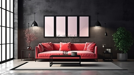 沙发海报背景图片_红色沙发和黑色咖啡桌在阳光照射的黑墙上的 3D 渲染，配有模拟海报框架和原始混凝土地板