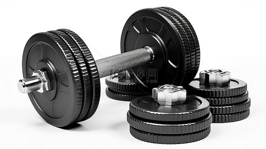卡通哑铃锻炼背景图片_健身和运动器材白色背景，带有带磁盘的黑色金属哑铃的 3D 插图
