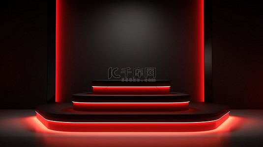 时尚的 3D 黑色讲台配有照明灯箱和充满活力的红色背景，非常适合产品展示