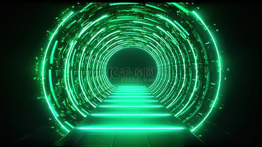 螺旋光线背景图片_带发光线的无尽绿色隧道的辐射 3D 渲染
