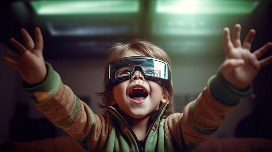 戴着 3D 眼镜的胜利儿童举手庆祝