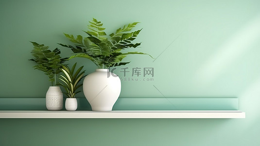 植物背景装饰背景图片_3D 绿墙上展示着白色瓷器装饰和郁郁葱葱的植物生命的植物之美