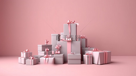 3D 渲染的粉红色背景，带有简约风格的柔和彩色礼品盒