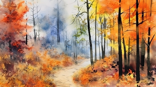 秋季秋叶背景图片_充满活力的秋季森林景观，宁静的小路，3D 抽象水彩画