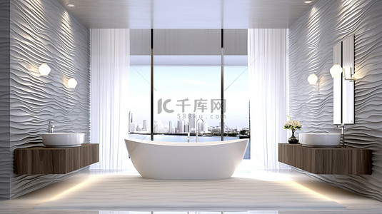 现代豪华浴室内配有瓷砖墙壁和地板的白色浴缸，布置时尚 3D 渲染