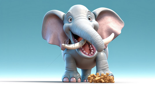 快乐的 3D 大象拿着一颗牙齿，配有插图设计