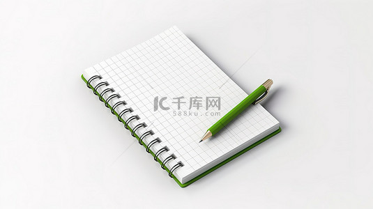 字帖格背景图片_3D 渲染中白色背景上的绿色笔和空白方形记事本
