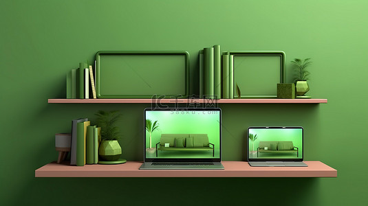 绿色墙架的 3D 插图，笔记本电脑手机和平板电脑排列整齐