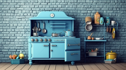蓝色玩具背景图片_砖墙前的复古风格蓝色玩具厨房以 3D 渲染