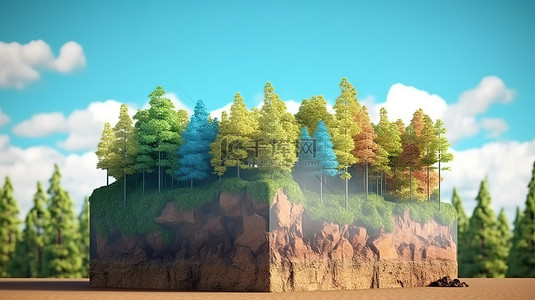 蓝天隔离中具有立方土壤和地质横截面的林地的令人惊叹的 3D 表示