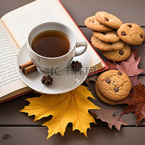茶背景图片_秋天的时候，咖啡杯里有饼干