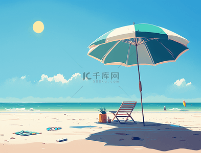 夏季遮阳伞背景图片_遮阳伞蓝天云朵海边沙滩旅游度假背景