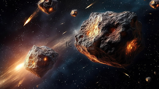 浩瀚太空中令人惊叹的陨石 3D 渲染的科幻场景