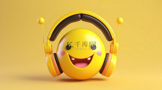 dj背景图片_戴着耳机的音乐表情符号的 3D 渲染插图