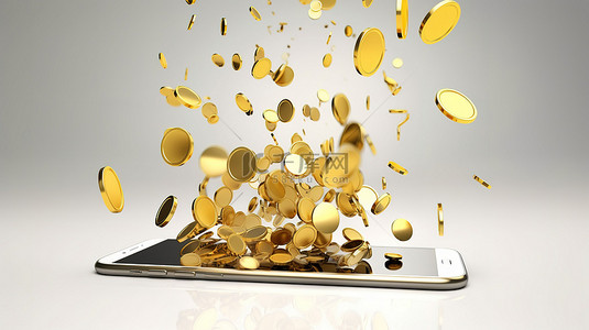 虚拟手机背景图片_显示一连串用于电子商务广告的金币的虚拟智能手机