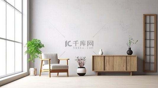 现代日本白色房间 3D 渲染中的简约木柜和扶手椅