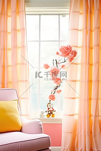 粉红色的窗帘，白色的花朵和一棵桃树