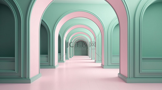 拱形隧道背景图片_极简主义时尚背景 3D 渲染的拱形隧道走廊采用柔和的粉红色和薄荷色调