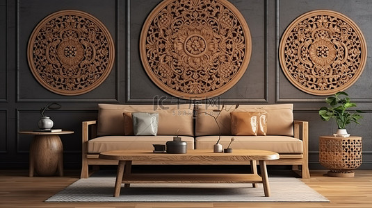 中式家背景图片_以沙发为中心的中式客厅，配有 ​​3D 渲染木质装饰
