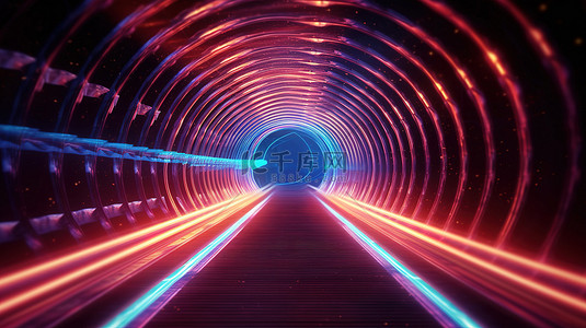霓虹灯抽象线条中的复古风格旋转隧道令人惊叹的 3D 渲染