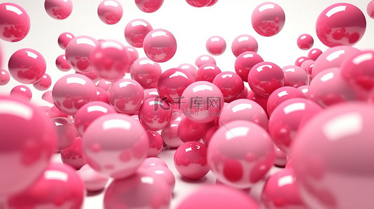 粉色软球向下层叠各种尺寸球的 3D 渲染图像