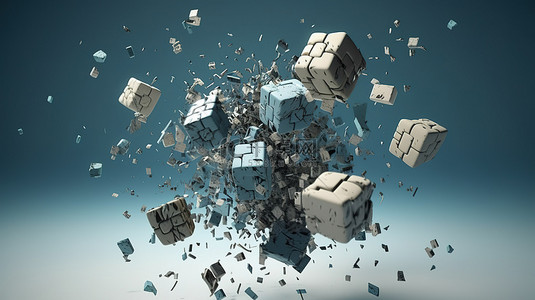 爆炸游戏立方体 碎片碎片向各个方向飞行的 3D 插图