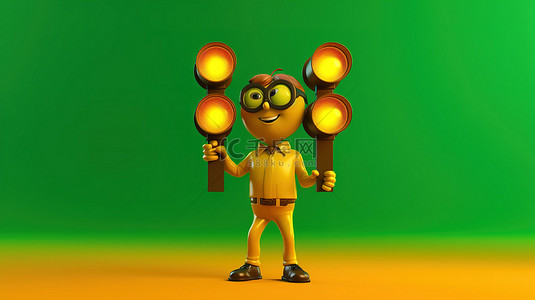 黄色背景的 3D 渲染，吉祥物人物手持金奖获得者奖杯和交通绿灯