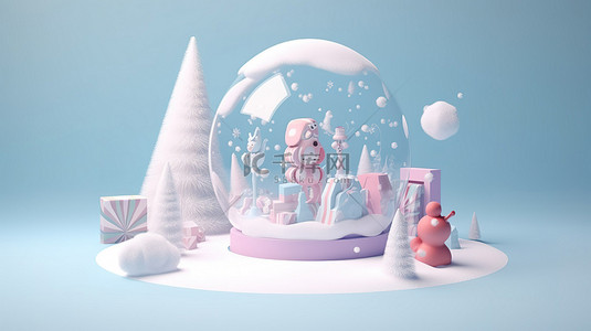 迷人的冬季仙境 3D 渲染的卡通雪球在令人惊叹的柔和调色板的礼物中