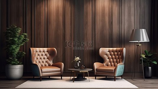 硬木背景图片_现代门厅设有休息区木质墙板和扶手椅 3D 渲染
