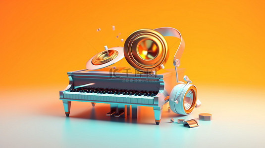 带耳机和复制空间的音乐融合 3D 插图钢琴